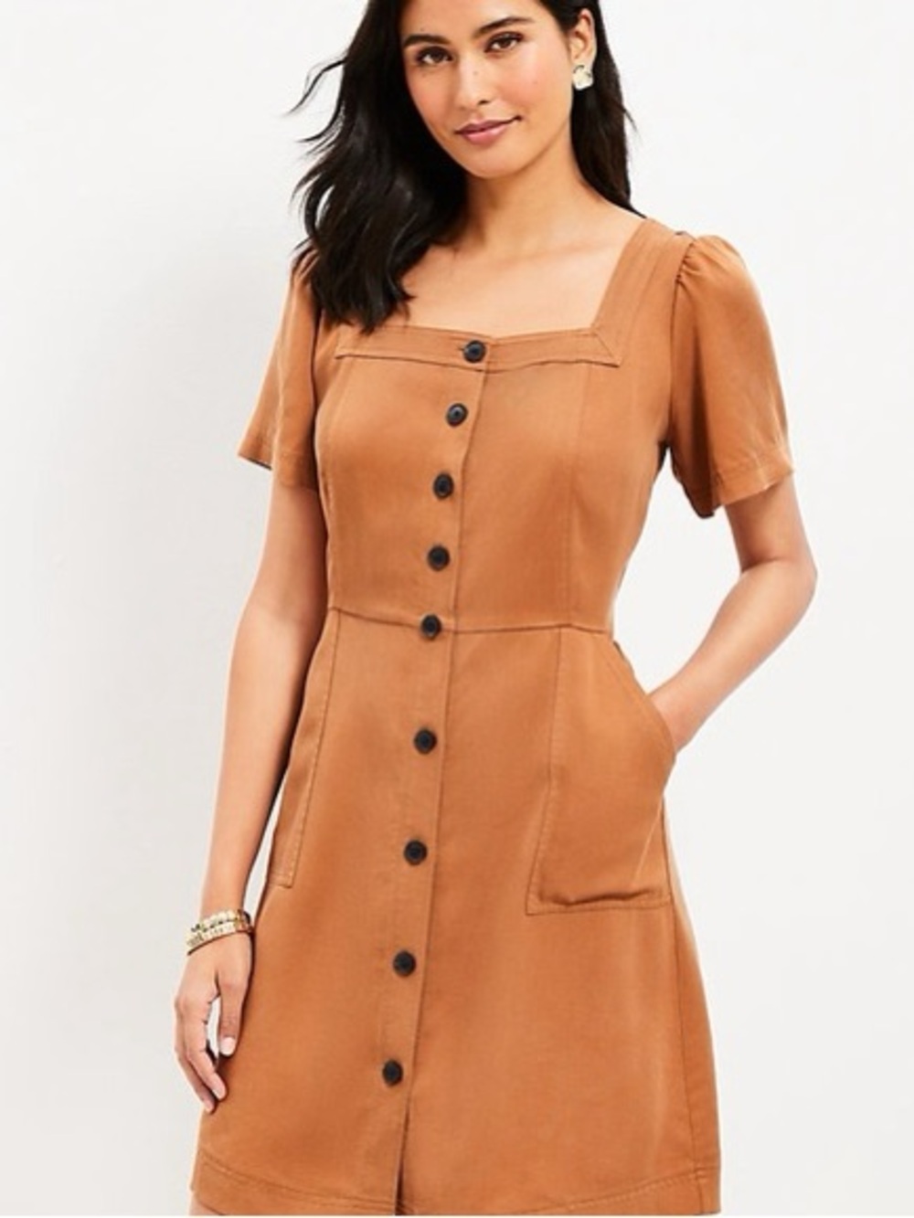 LOFT Brown Lyocell Square Neck Button Front Puff Sleeve Utility Mini Dress 8 NWT